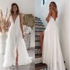 Damen Weiß Spaghettiträger V-Ausschnitt Schlitz Maxikleid Tüll Spitze Patchwork Fließend Hochzeits Braut Strand Abendkleid 2026 Frühling Kleid