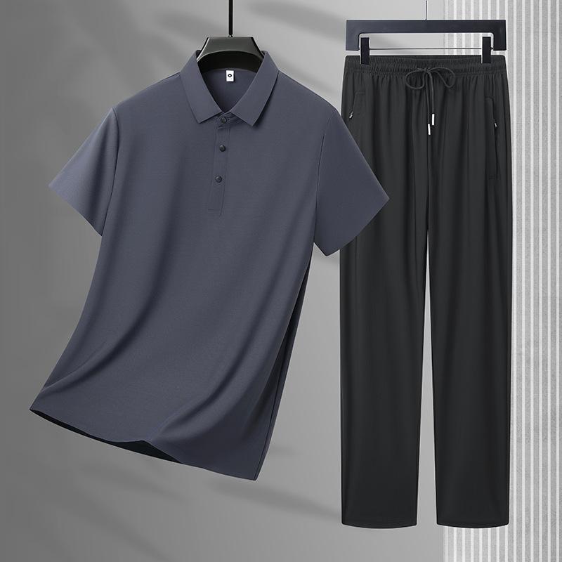 Men's Suit Summer Two-piece Suit for Men, Complete Set of Ice Silk Seamless Sportswear Suit for Men