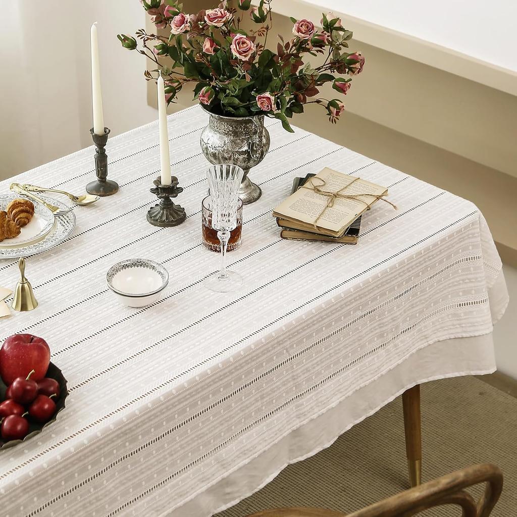 White Cotton Tablecloth Ruffled Lace Flower Embroidered Tablecloths, French Washable Table Cover for Kitchen Wedding Christmas