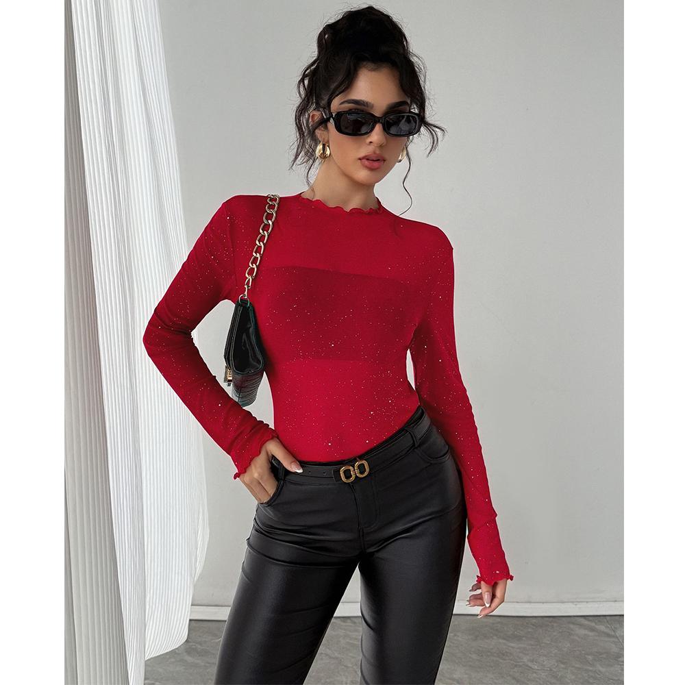 Women Long Sleeve Mesh Top Going Out See Through Tops Casual Mock Neck Slim Fit Solid Shirts