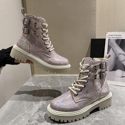 Botines de Lujo con Lentejuelas para Mujer Planos Cómodos Tacones de Bloque Botines Zapatos de Fiesta de Otoño Invierno Femeninos Talla Grande 42