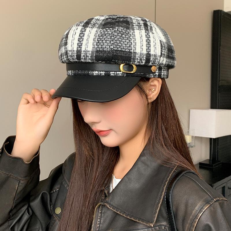 Xiaoxiangfeng Woolen Plaid Octagonal Hat Autumn and Winter British Style Versatile Bailey Korean Version Fashion Literary Newsboy Hat for Women