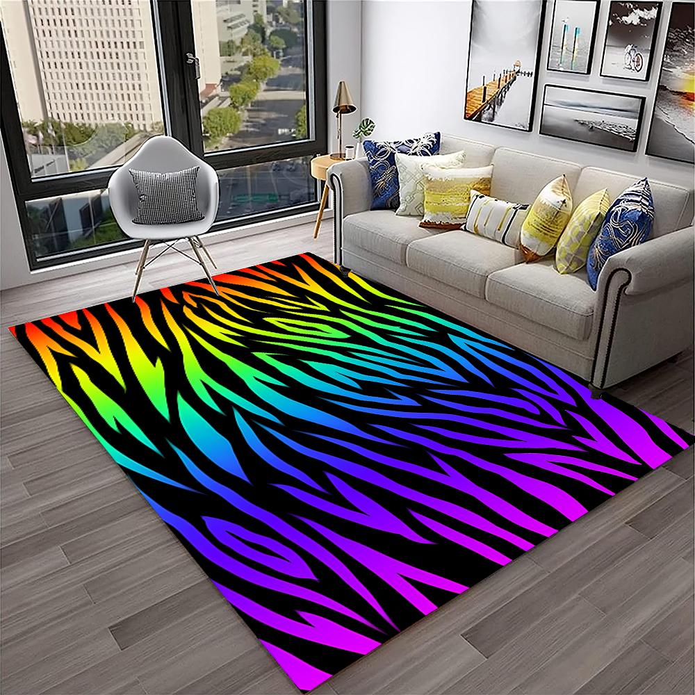 3D Renkli Zebra Çizgi Desen Halı Kilim Ev Oturma Odası Yatak Odası Kanepe Kapı Paspası Dekor, Çocuk Oyun Alanı Halı Kaymaz Zemin Paspası
