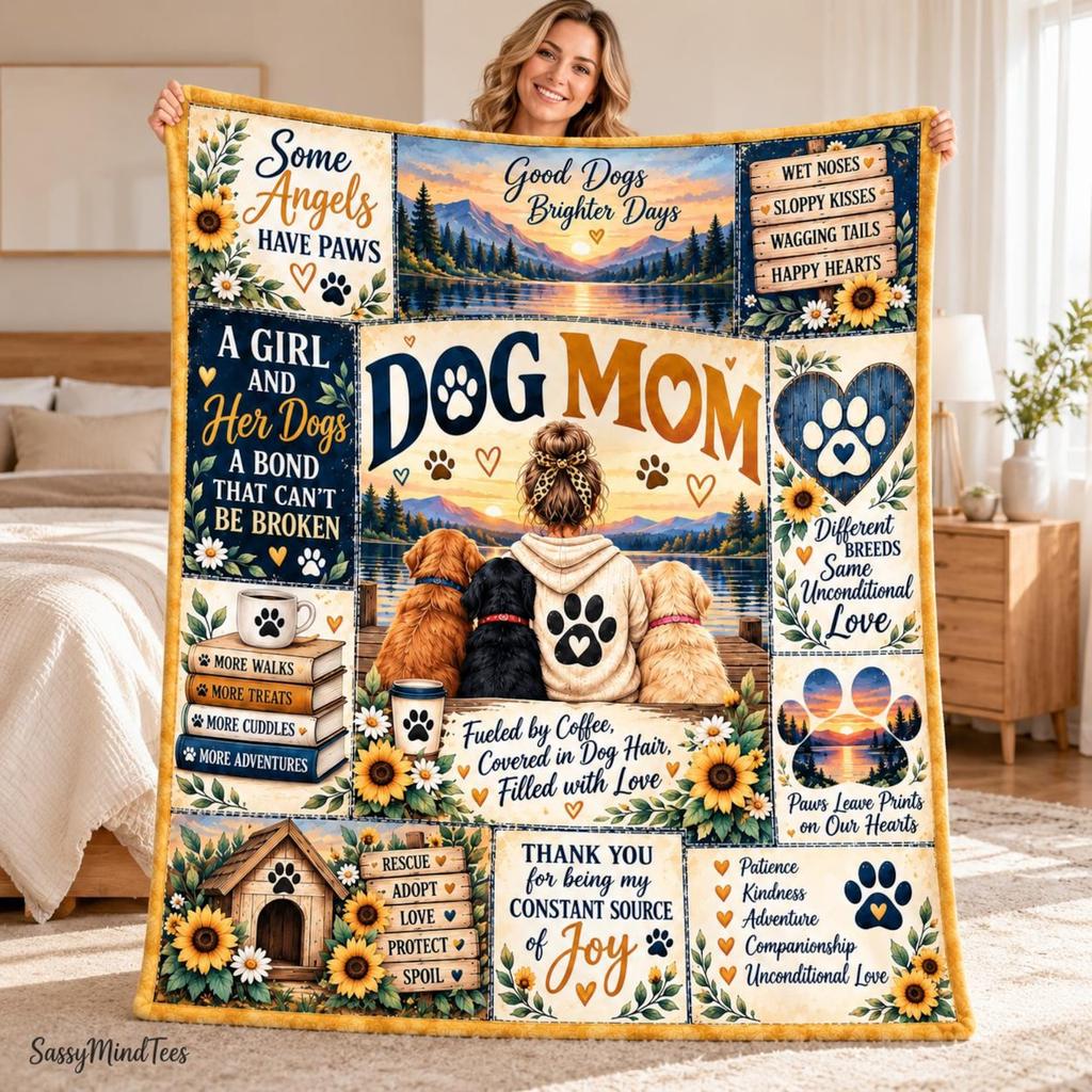 Dog Mom Blanket, Dog Lover Gift for Women, Girl and Her Dogs Fleece Throw, Paw Print Sunflower Blanket, Pet Mom Gift, Rescue Dog Gift