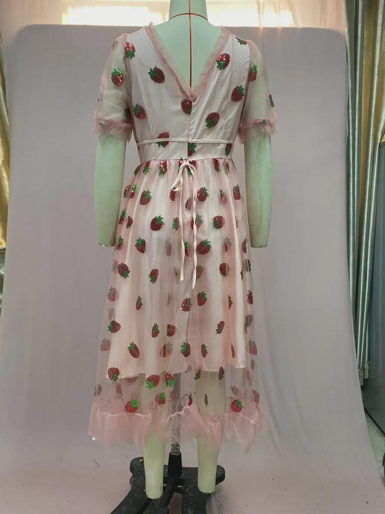 French Strawberry Sequin Pleated Dress with Mesh Straps - Summer Long Skirt, Two-Tone Design, 25 Options (LS8265)