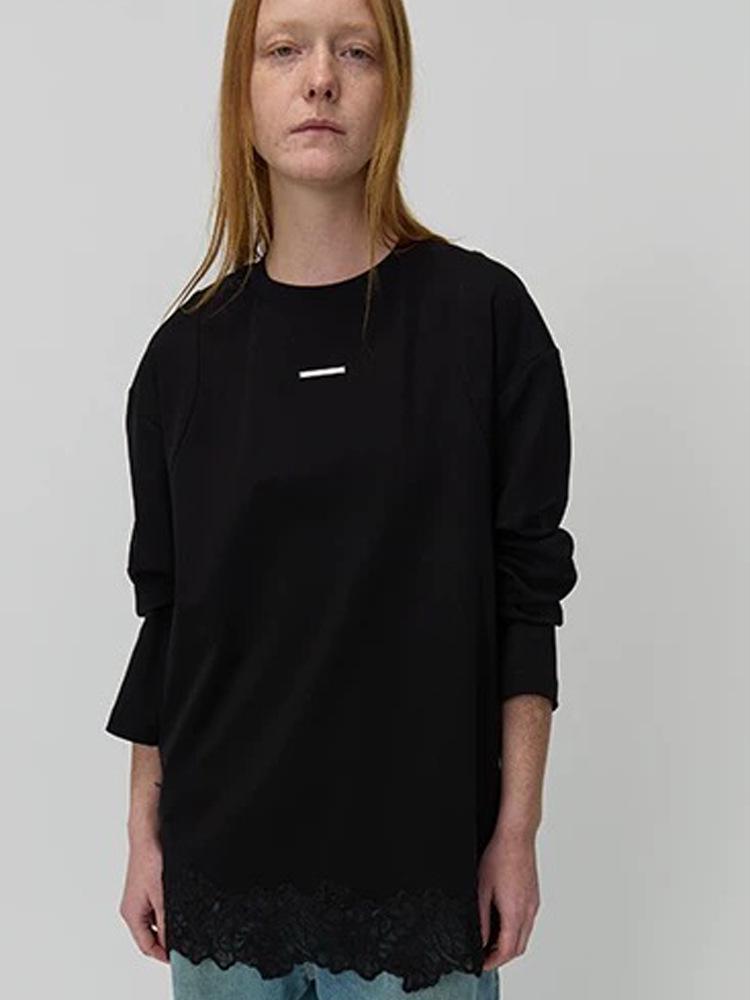 Si Yuan Lace Hem Long Sleeve Round Neck Casual Base Layer T-Shirt - Early Spring 2026 Small