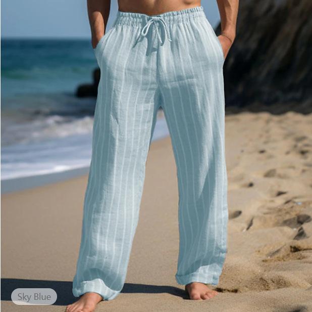 

Autumn men s linen trousers summer trousers drawstring elastic waist straight stripes comfortable breathable outdoor daily XXXL світло-синій колір