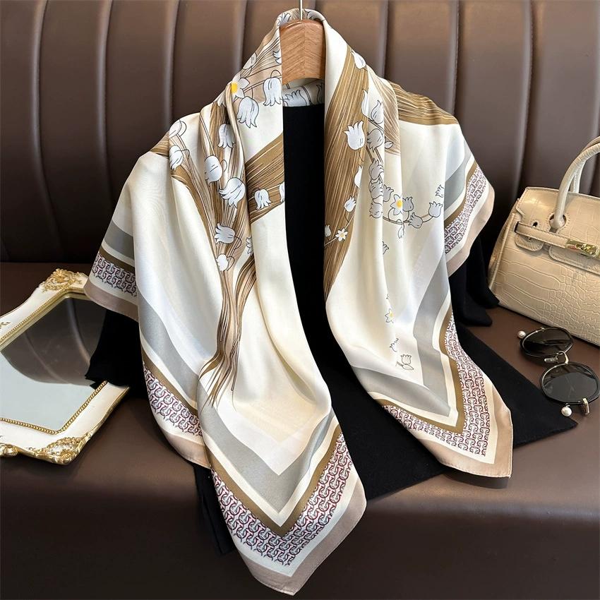 

90CM French Lily Flower Scarf New Model Elegant and Charming Square Handkerchief for Women Shawl and Headscarf 90x90cm