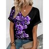 Delicate Watercolor Floral Print Casual T Shirt V Neck Short Sleeve Tee For Women Summer Holiday And Daily Wear