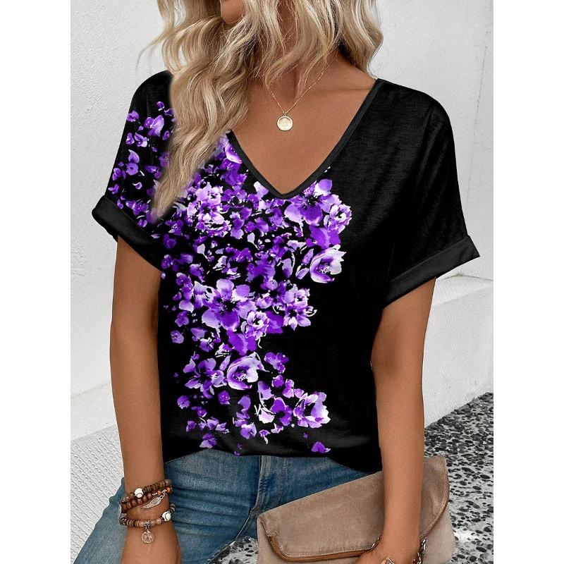

Delicate Watercolor Floral Print Casual T Shirt V Neck Short Sleeve Tee For Women Summer Holiday And Daily Wear S