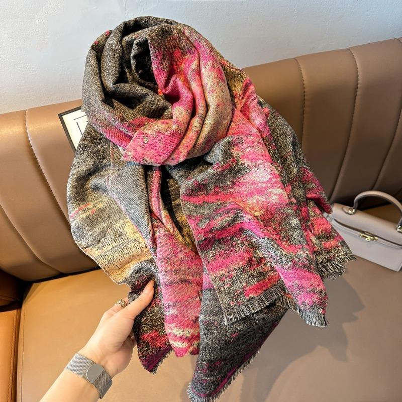 Autumn and winter warm thickened four shuttle imitation cashmere scarf winter shawl scarf women's oil painting sailing shawl