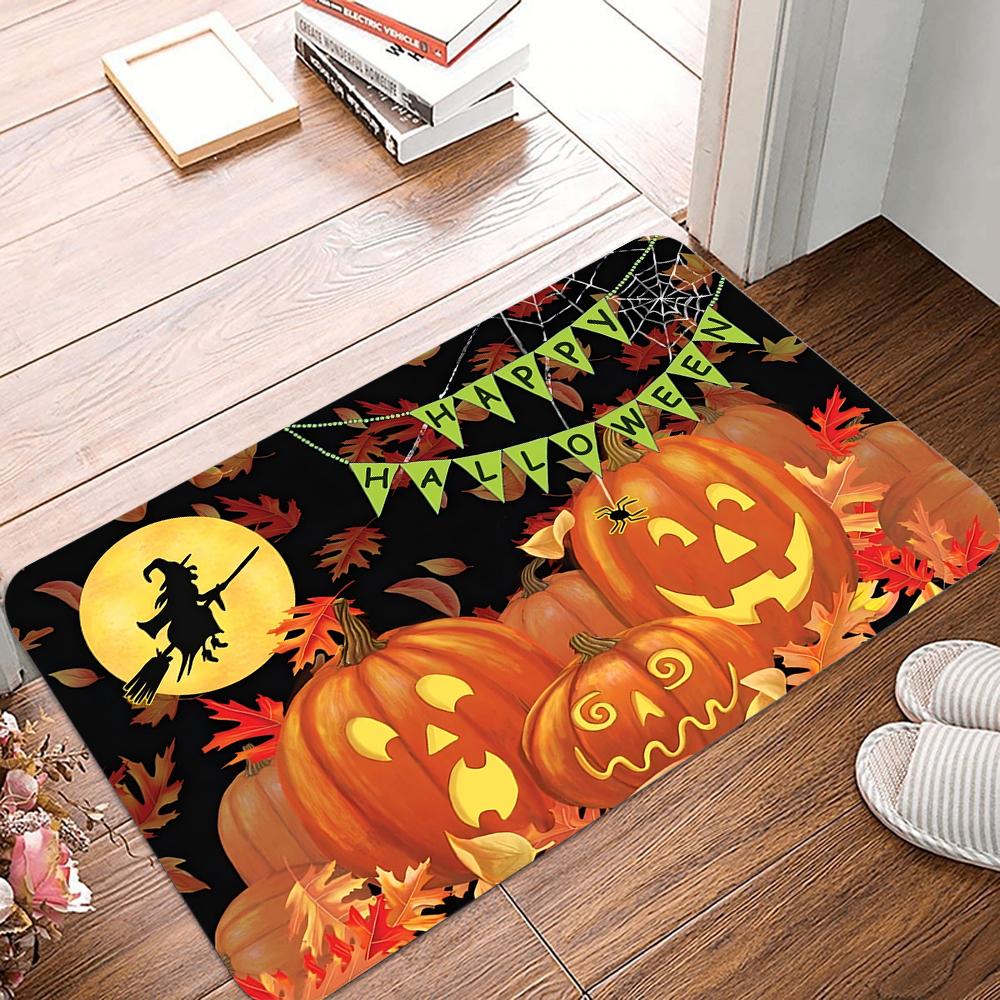 Halloween Pumpkin & Leaf Doormat Non-Slip Machine Washable Polyester Rug For Indoor/Outdoor Carpet For Living Room Bathroom