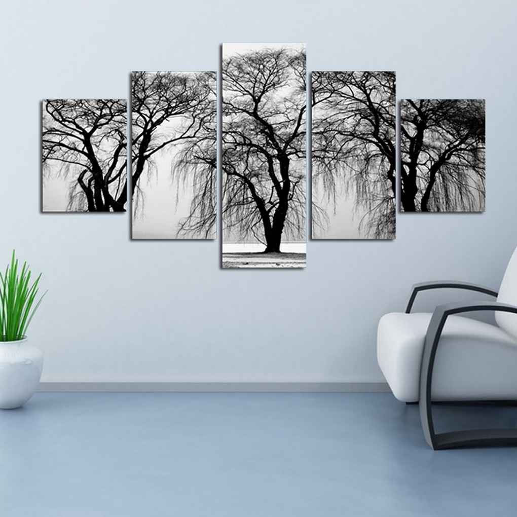 5 Panels Withered Tree Painting On Polyester Grey Background Wall Art Home Decoration for Living Room Bedroom