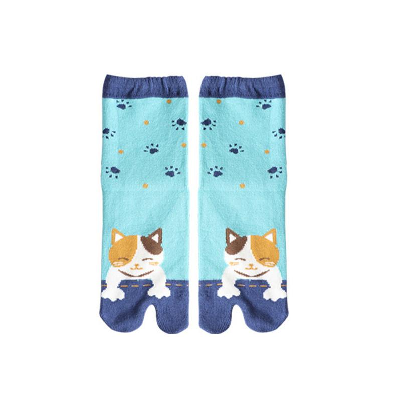 Roztomilý Kreslený Mačací Potlač Dvojprstové Ponožky Unisex Japonské Kimono Šľapky Sandále Rozdelená Dvojprstová Ponožka Ženy Muži Tabi Ponožky Harajuku one size zelená