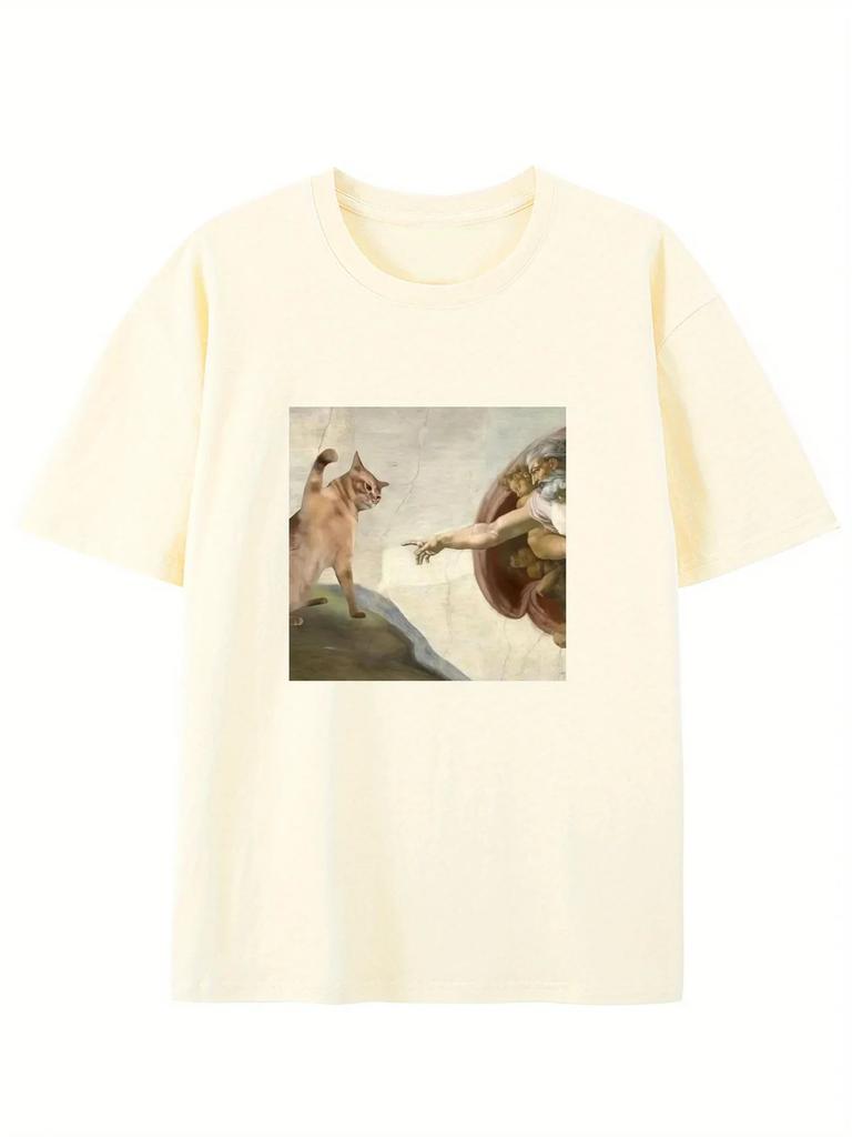 2025 Summer Humorous Cat and Adam Creation Parody Graphic T-Shirt Casual Crew Neck Tee Fit Short Sleeve for Adult Casual Men Top