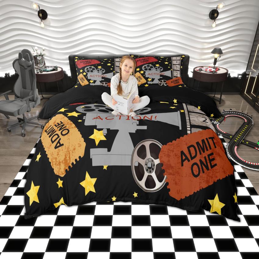 Homewish Retro Movie Duvet Cover Set Film Popcorn Bedding Set Cinema Theme Bedroom Set Room Decor