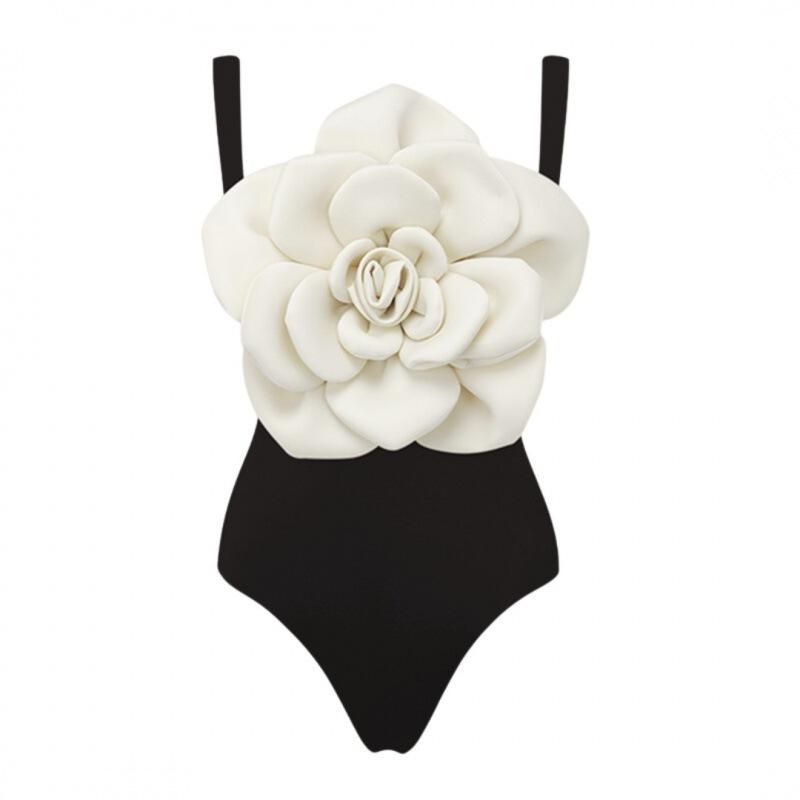 Western-style black-and-white one-piece swimsuit set with large chest floral decoration, women s swimsuit one-piece S