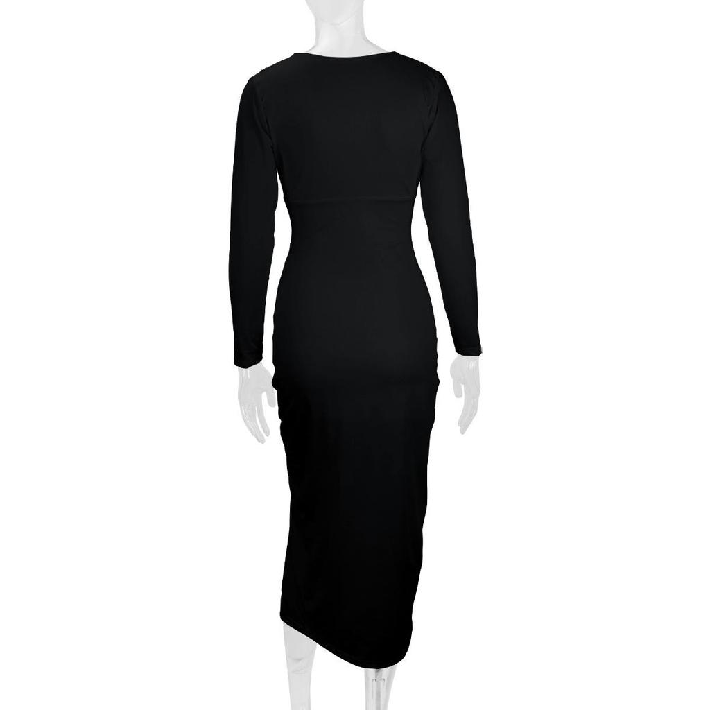2025 Autumn/Winter Sexy Bodycon Slimming V-Neck Long Sleeve Slit Dress
