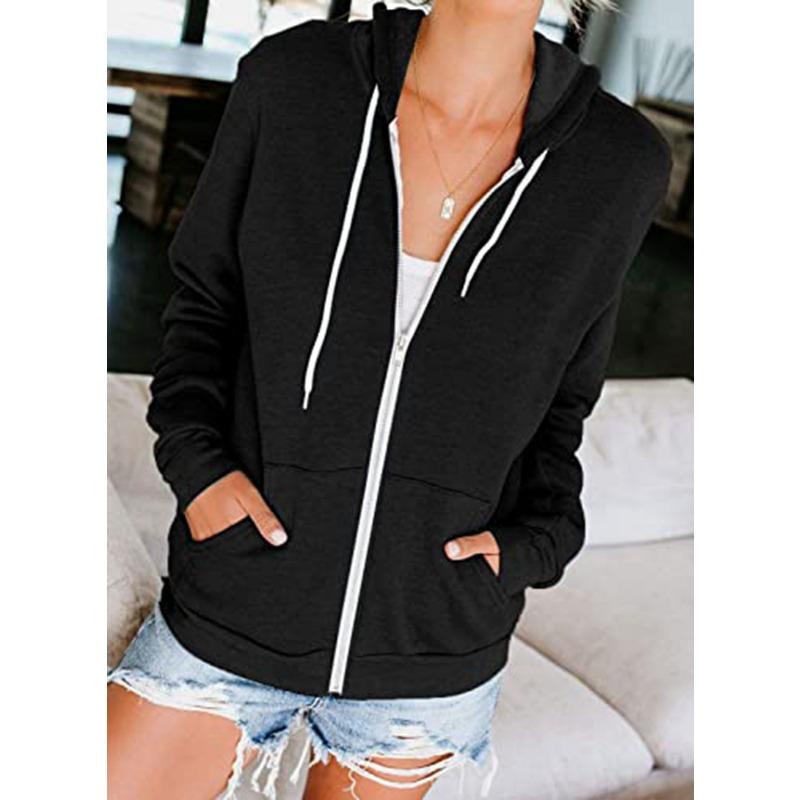 Herbst Damen Einfarbig Langarm Tasche Kordelzug Kapuzen Reißverschluss Verdicktes Sweatshirt