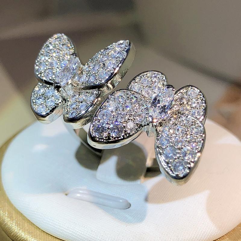 925 Silver Luxury Vintage Double Butterfly Full Crystal Ring Jewelry For Women Rhinestone Sweet Girls Ring Female Wedding Rings