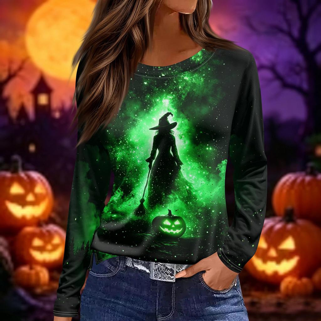 Women's Long Sleeve Neck Halloween Print Top for Festive Occasions