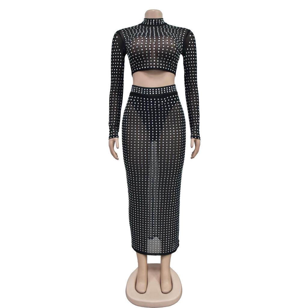 Women's European and American Fashion Solid Color Mesh Two-Piece Skirt Set with Hot Drilling