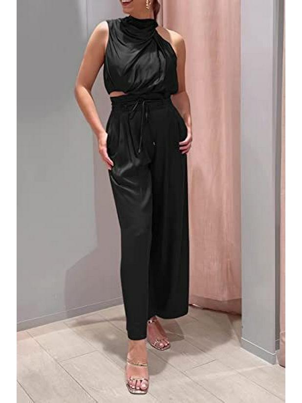 Damen Ärmelloses Stehkragen Crop Top & Weitbein Hose Set