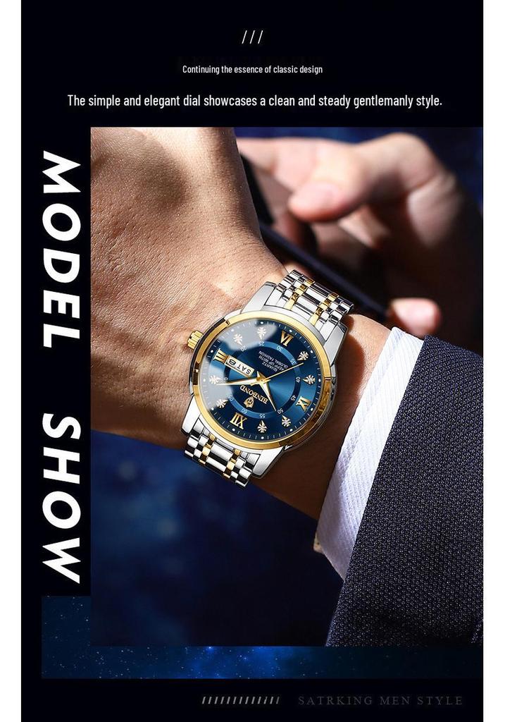 Binbang Men's Waterproof Quartz Watch with Luminous Dial, Rhinestone Accents, Dual Calendar, and Steel Strap.