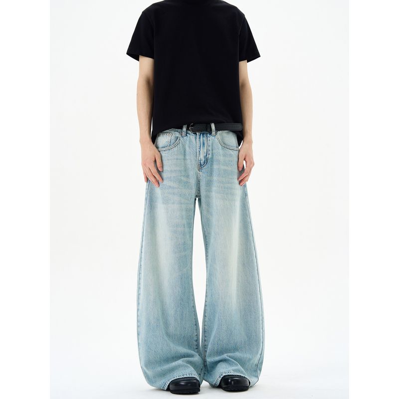 Kisko Simple Retro Washed Blue Cleanfit Jeans Unisex Basic Loose Straight Scimitar Pants