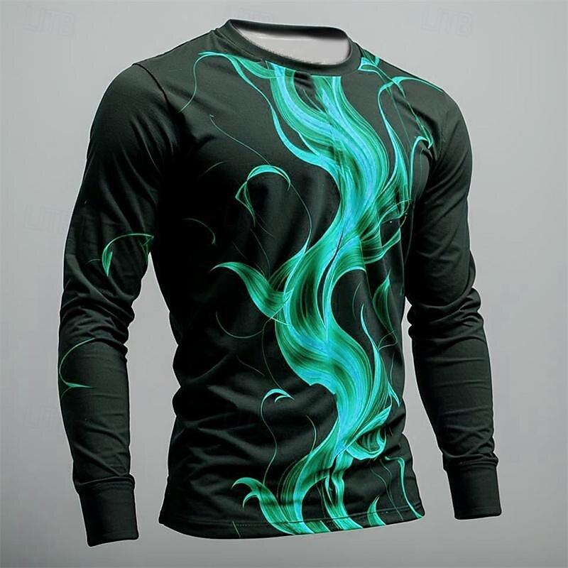 3D Flame Print Men's Long Sleeve T-Shirt Fashion Cool Simple Design Casual Pullover Loose Round Neck Breathable Clothes For Male