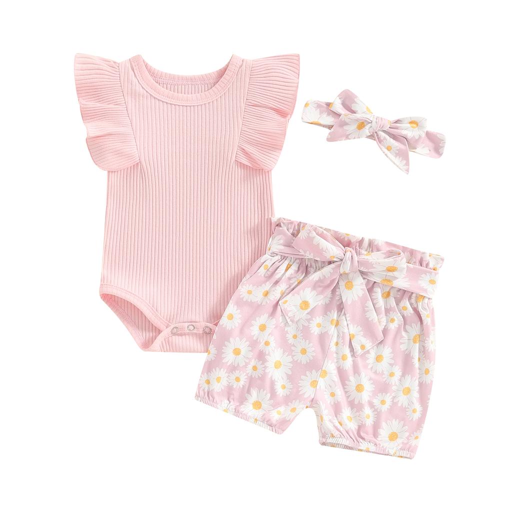 Baby Girls Summer Shorts Sets Short Sleeve Ribbed Romper Daisy Print Shorts Headband Sets