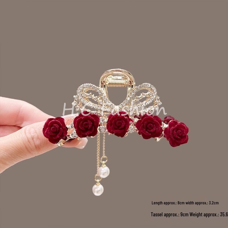 Ретро бордовая роза кисточка заколка для волос: Элегантная качающаяся заколка-акула в старинном стиле