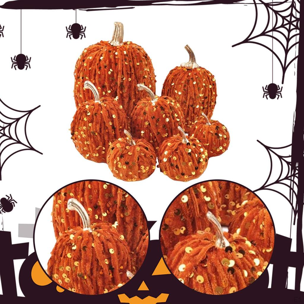 7 Pieces Artificial Glitter Pumpkins Assorted Velvet Pumpkin Faux Fall Decorations
