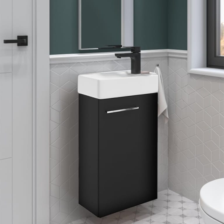 Bathroom cabinet with a black wall-hung washbasin 50x70 Small with an elongated chrome tap