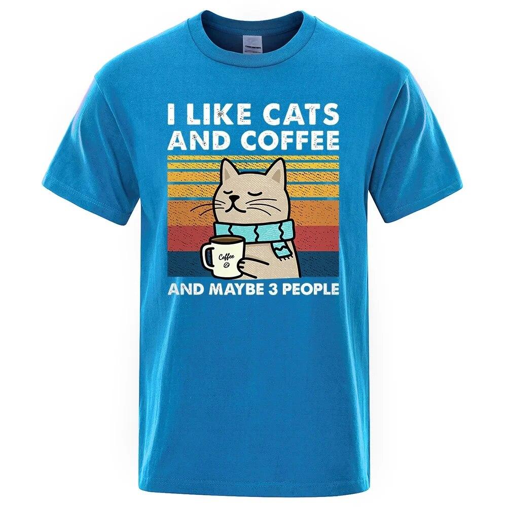 Summer 100% Cotton T-Shirts I Like Cats And Coffee Street Funny  Print T Shirts Street Unisex Women T Shirts Hip Hop Breathable Tee