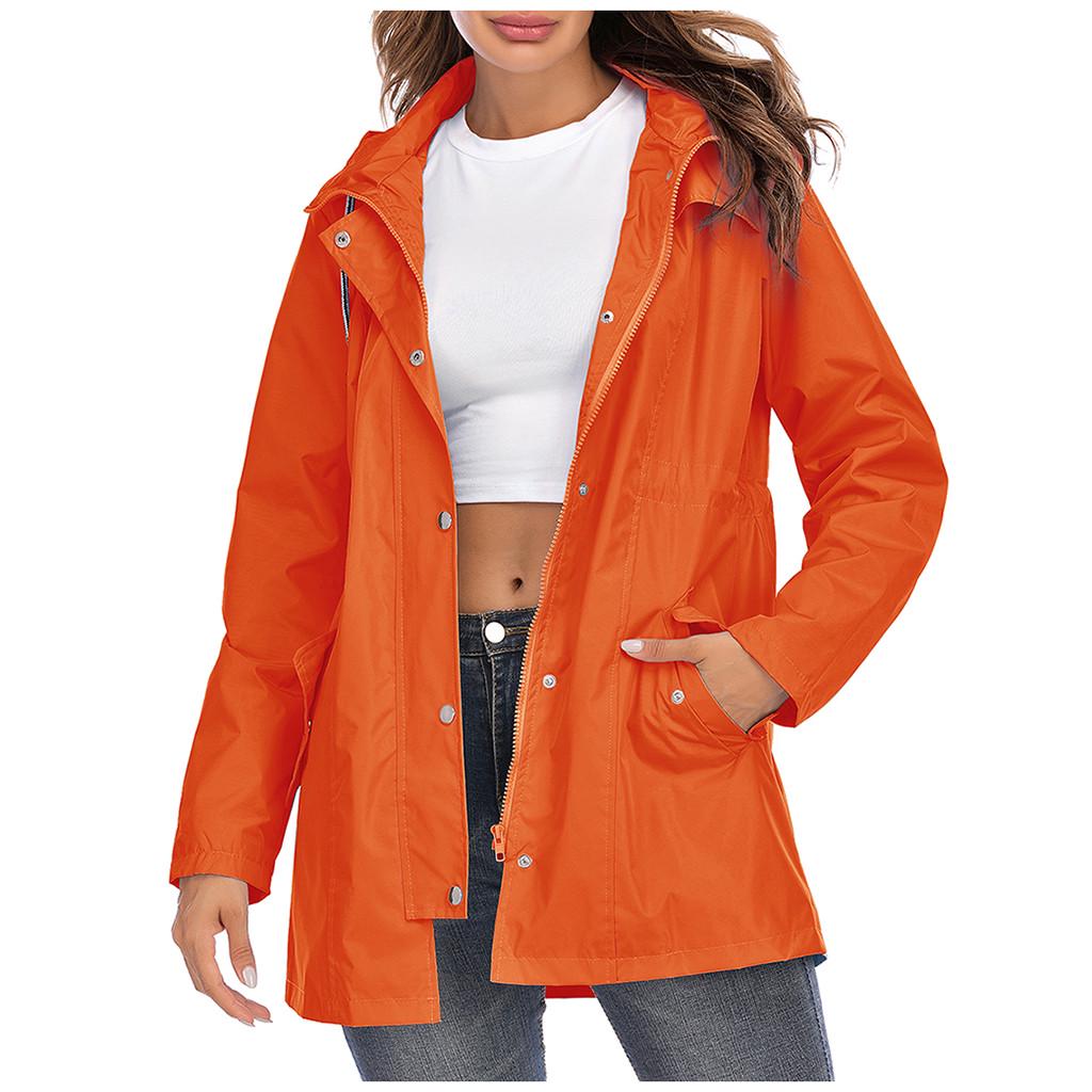 Women Hooded Waterproof Zipper Mid-length Windproof Waterproof Raincoat Jacket