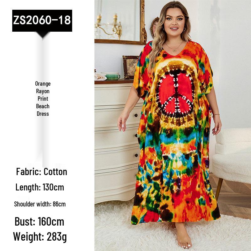 European-American Rayon Print Plus Size Beach Cover-Up Dress & Long Robe