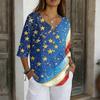 Women's V-Neck Button Three-Quarter Sleeve Casual Independence Day Print Pullover T-Shirt