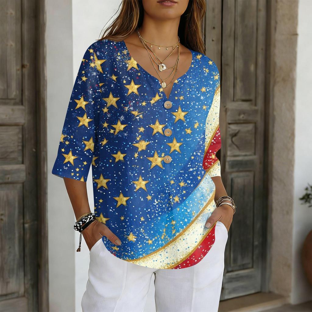 Women's V-Neck Button Three-Quarter Sleeve Casual Independence Day Print Pullover T-Shirt