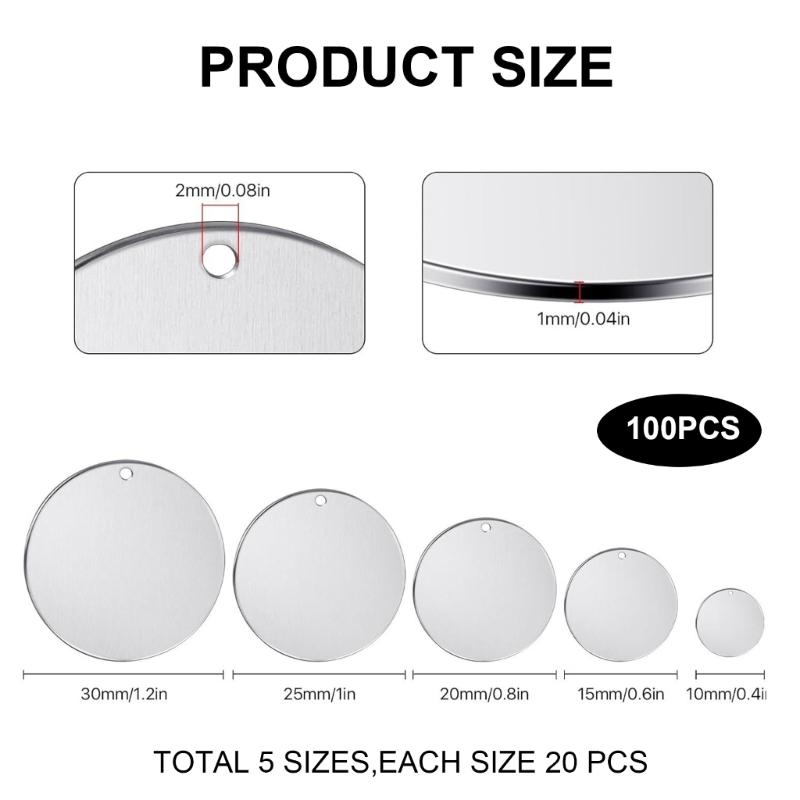 100 Pcs/Set Round Metal Engraving Blanks with Hole Stamping Blanks Stainless Steel Blank Tagged 10/15/20/25/30mm