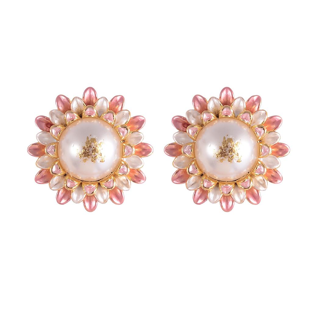 Aesthetic French Retro Enamel Flower Stud Earrings Monet Garden Oil Painting Antique Pearl Oil Dripping Silver Needle Earrings Women