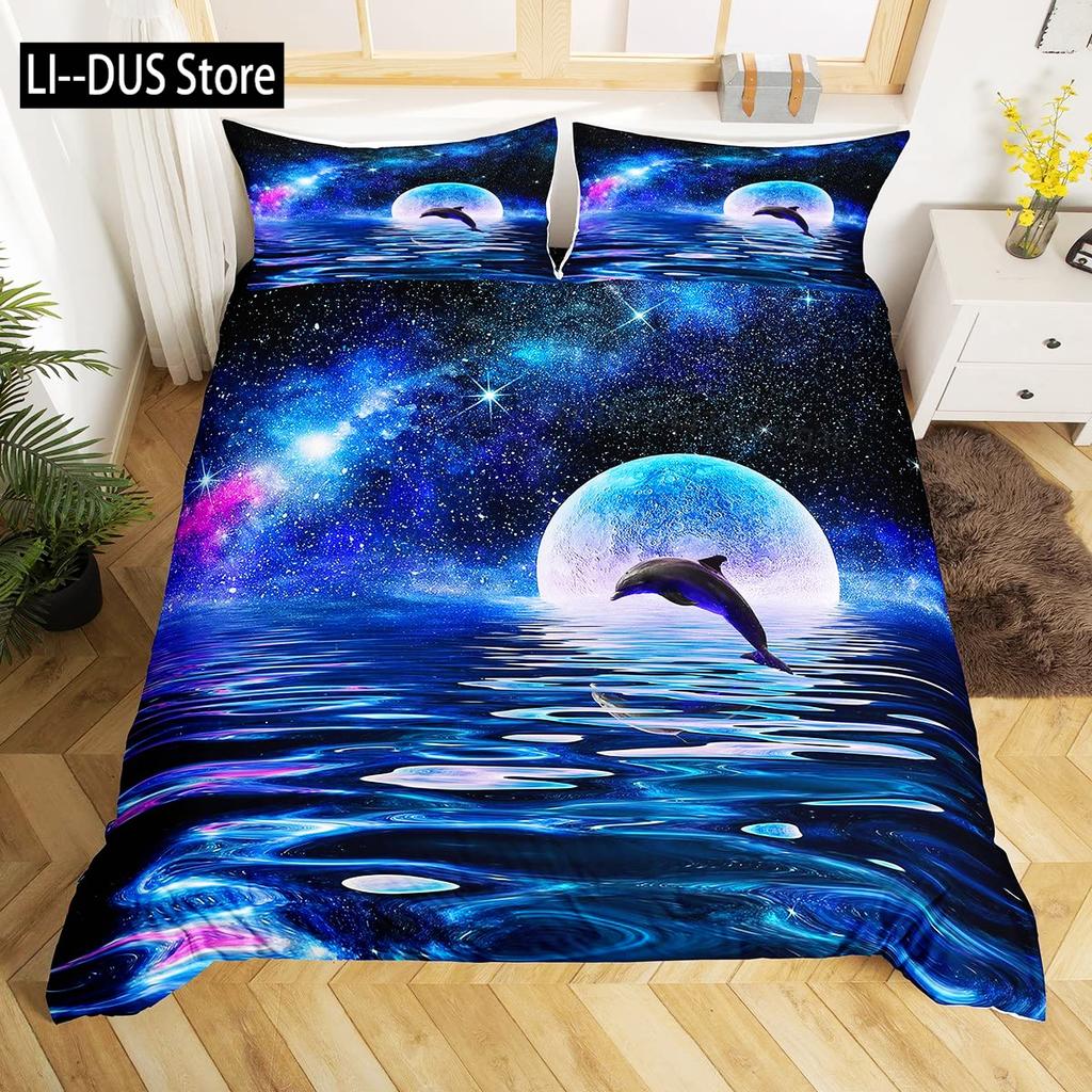 Blue Dolphin Bedding Set Comforter Queen Full SizeOcean Animal Bedding for Boys Kids Teen Boy Bedding with Pillowcases 3pcs