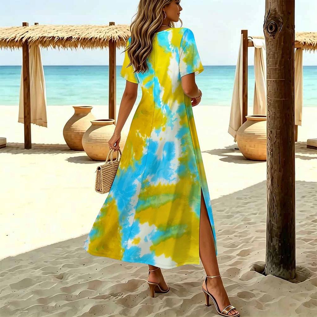 Damen Mode Rundhals Batikmuster Bedruckt Kurzarm Seitenschlitz Kleid Lässiges Urlaubs-Kleid Langes Lockeres Kleid