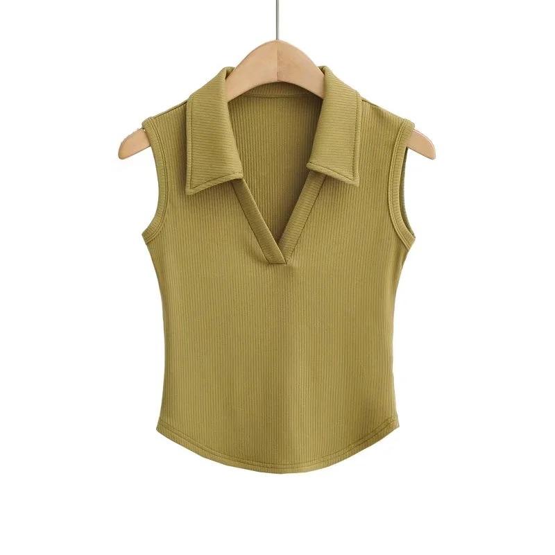 

2025 Лето Горячая Девушка Эластичный Slim Fit Воротник Однотонный Цвет Arc Edge Майка Женская Обтягивающая Короткая Открытая Пупочная Футболка Без Рукавов Топ M зелёный