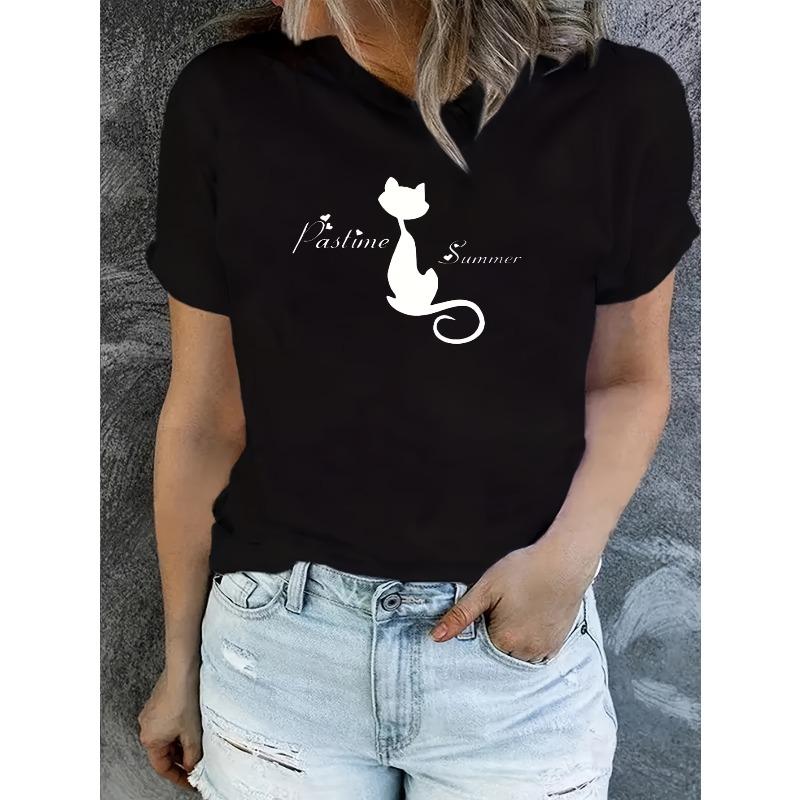 Creative Kitten Pattern Print T-Shirt for Women S чёрный