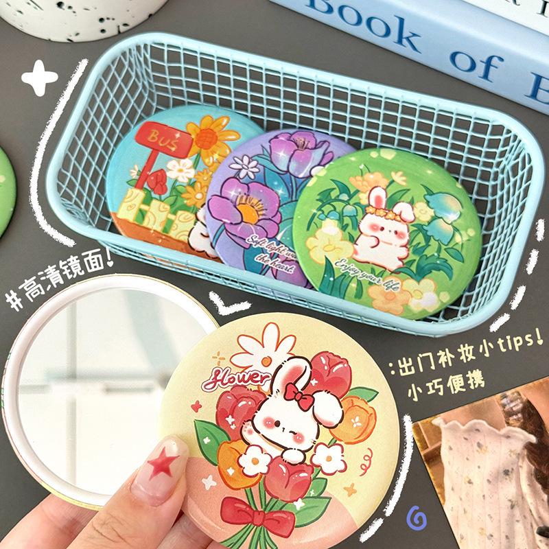 Cute Bunny Compact Mirror: Portable Cartoon Makeup Mirror for Students - High-Quality Mini Round Touch-Up Mirror