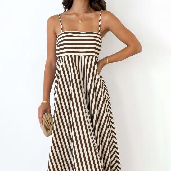 Striped Sleeveless Maxi Dress for Women Spaghetti Strap Smocked Swing Long Dress Summer Vacation Cami Sundress