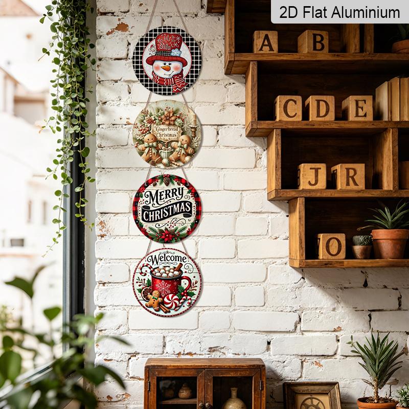2D Flat, 4pcs Round Aluminum Hanging Sign Set, Vintage Warm Xmas Metal Door Plaque Combo, Farmhouse Porch Yard Balcony Kitchen Home Xmas Wall Decor