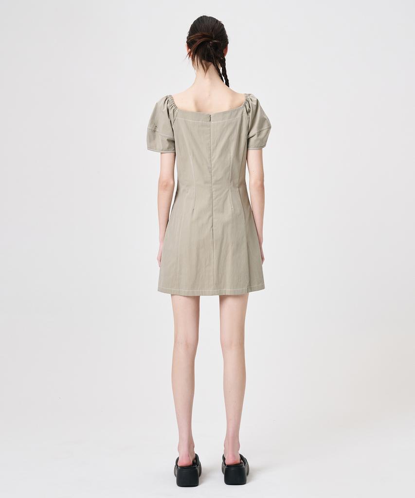 Etmont Stitch Puff Mini Dress, Light Khaki