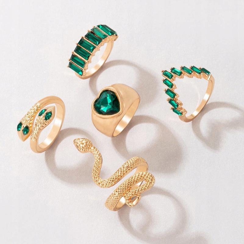 Set Of 5 Golden Rings Retro Punk Vintage Snake Heart Green